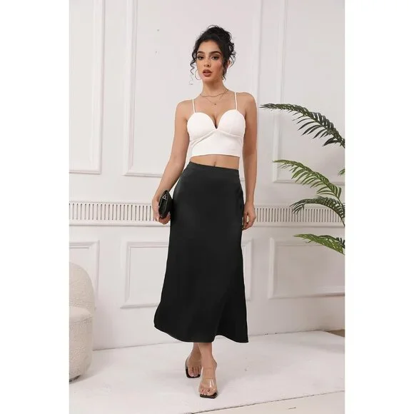 Women's Black Satin Elastic Silk Slip A Line Flowy Ruffle Cocktail Midi Skirt
